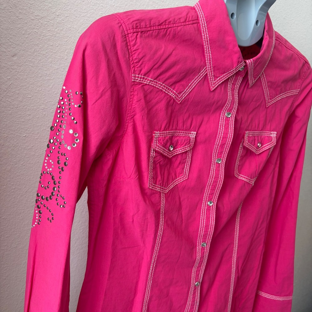 Ariat Western Snap Shirt Women Medium Hot Pink Rhinestone Bling Contrast Stitch - Picture 2 of 7